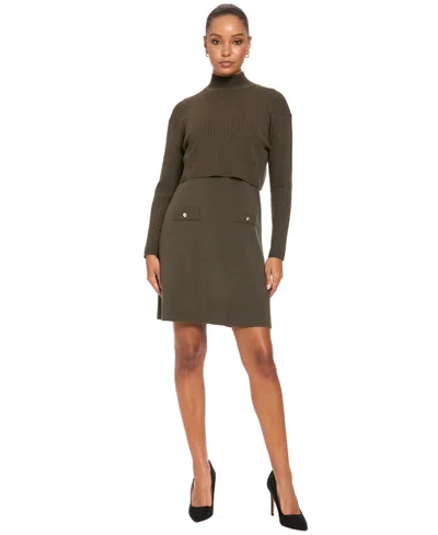 London Times Women's Mock Neck Long-sleeve Two-piece Sweater Dress In Green