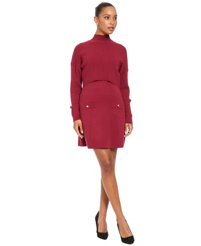 London Times Women's Mock Neck Long-sleeve Two-piece Sweater Dress In Red