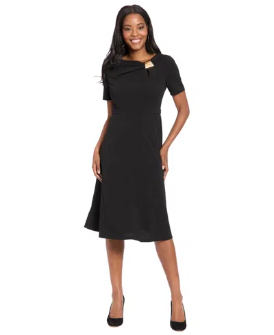 London Times Women's One-shoulder Midi Fit And Flare Dress In Black