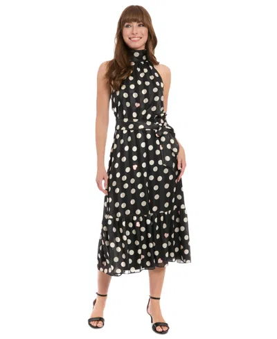 London Times Women's Petite Heart Print Halter Midi Dress In Black Multi