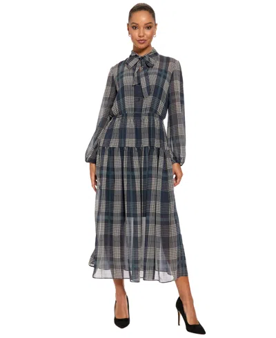 London Times Women's Plaid-print Midi Tie-neck Dress In Blue