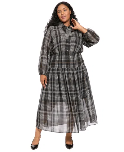 London Times Women's Plus Size Tiered Tie-neck Maxi Dress In Multi