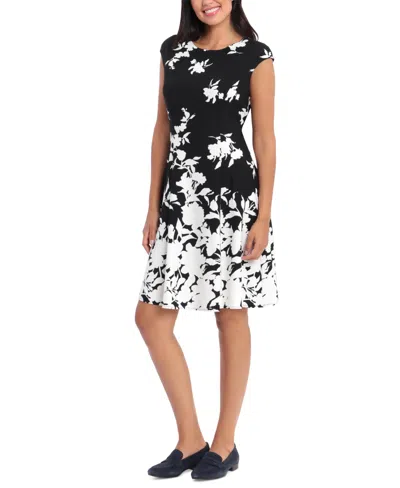 London Times Women's Printed Cap-sleeve Fit & Flare Dress In Black,white