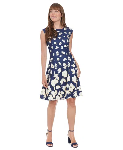 London Times Women's Printed Cap-sleeve Fit & Flare Dress In Navy,ivory