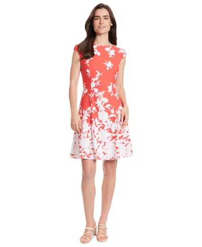 London Times Women's Printed Cap-sleeve Fit & Flare Dress In Red,ivory