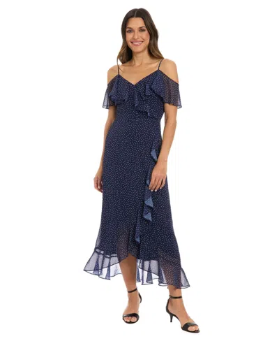 London Times Women's Printed Cold-shoulder Ruffled Midi Dress