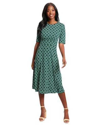 London Times Women's Printed Elbow-sleeve A-line Dress In Navy Green