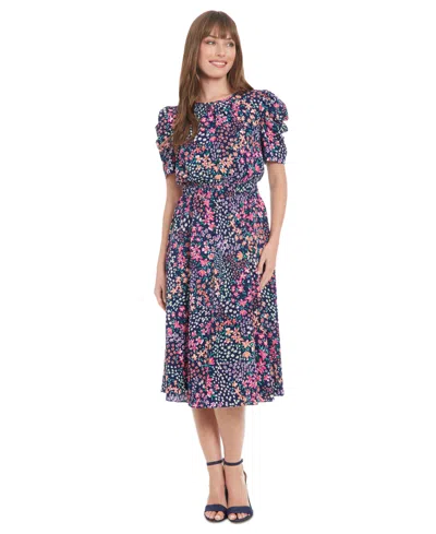 London Times Women's Printed Round-neck A-line Dress In Navy,pink