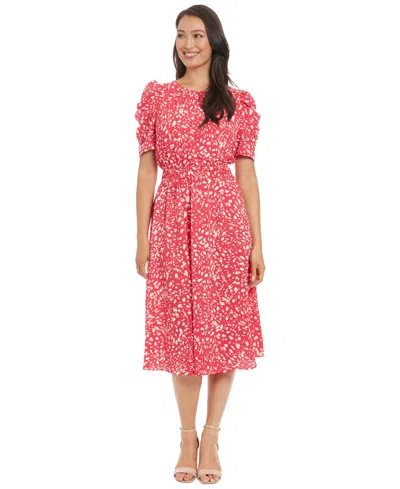 London Times Women's Printed Ruched-sleeve Midi Dress In Multi