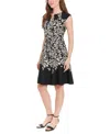 London Times Split Neck Fit And Flare Dress In Black/cream In Blk Cream