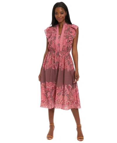 London Times Women's Printed Split-neckline Ruffle Midi Dress In Multi