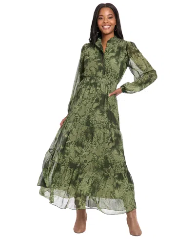 London Times Women's Printed Tiered Mock Neck Maxi Dress In Green