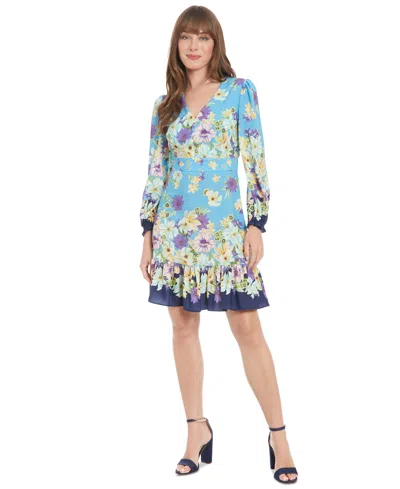 London Times Women's Printed V-neck Long-sleeve Dress In Multi