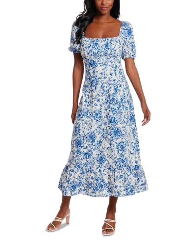 London Times Women's Puff-sleeve Ruched Smocked-back Empire Midi Dress In Ivory,navy