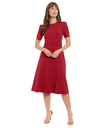 London Times Women's Puff-sleeve Tab-detail Fit & Flare Dress