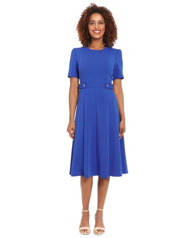 London Times Women's Puff-sleeve Tab-detail Fit & Flare Dress In B. Cobalt