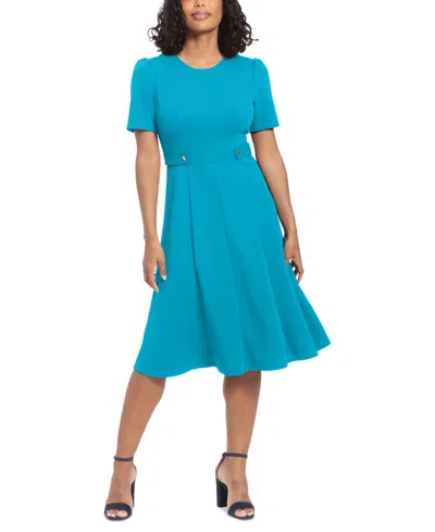 London Times Women's Puff-sleeve Tab-detail Fit & Flare Dress In Blue Atoll