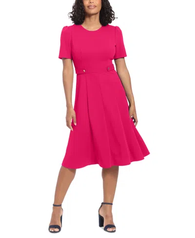 London Times Women's Puff-sleeve Tab-detail Fit & Flare Dress In Bright Pink