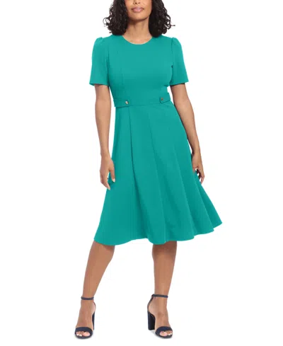 London Times Women's Puff-sleeve Tab-detail Fit & Flare Dress In Emerald