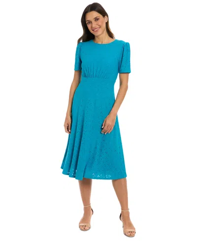 London Times Women's Round-neck Short-sleeve A-line Dress In B Reef Blu