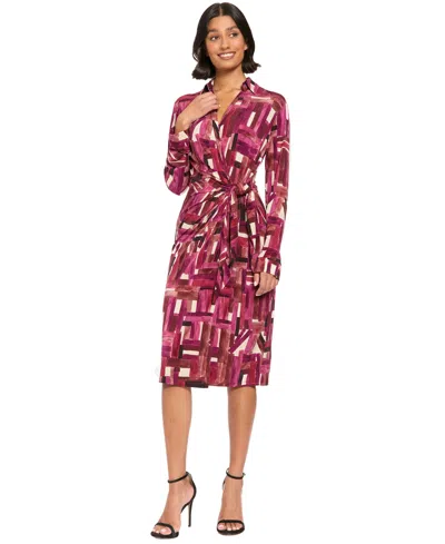 London Times Women's Ruched-tie Side Waist Long-sleeve Wrap Midi Dress In Red