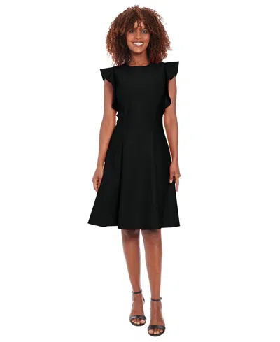 London Times Ruffle Cap Sleeve Fit & Flare Dress In Black