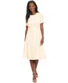 London Times Short Sleeve Side Tab Scuba Midi Dress In Sugar Ivry