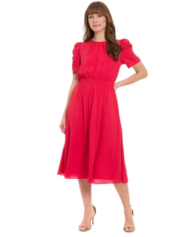 London Times Women's Shirred Jewel-neck Midi Dress In Rosered