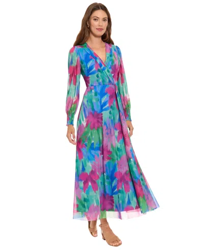 London Times Long Sleeve Mesh Maxi Dress In Multi