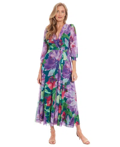 London Times Women's Shirred Surplice Twist Bishop-sleeve Maxi Dress In Multi