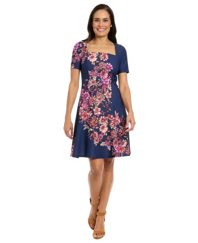 London Times Square Neck Fit & Flare Scuba Dress In Blue