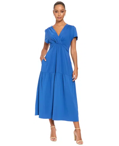 London Times Women's Short-sleeve A-line Maxi Dress In True Blue