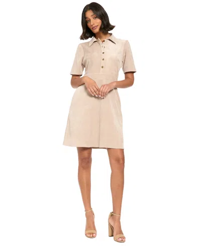 London Times Women's Short-sleeve Collared A-line Mini Dress In Neutral