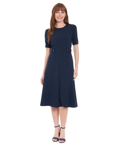 London Times Women's Side Tab Crew Neck Dress In Blue