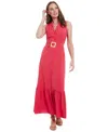 London Times Sleeveless Belted Maxi Shirtdress In Medium Red