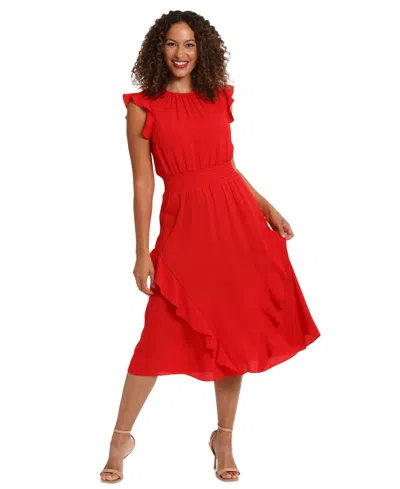 London Times Women's Smocked-waist Ruffle Midi Dress In True Red