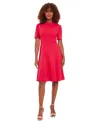 London Times Front Zip Short Sleeve Fit & Flare Dress In Red