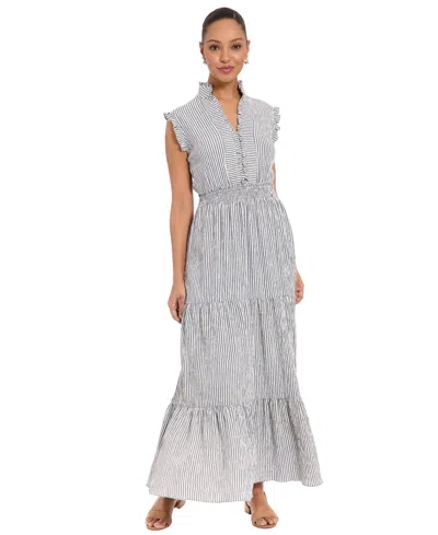 London Times Women's Striped Tiered Ruffle-trim Maxi Dress In Gray