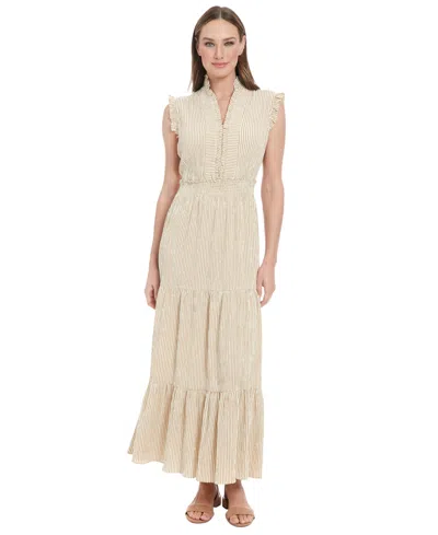London Times Women's Striped Tiered Ruffle-trim Maxi Dress In Neutral