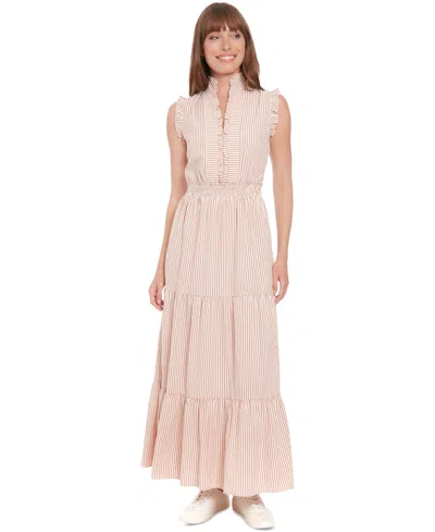 London Times Women's Striped Tiered Ruffle-trim Maxi Dress In Rosepkivory
