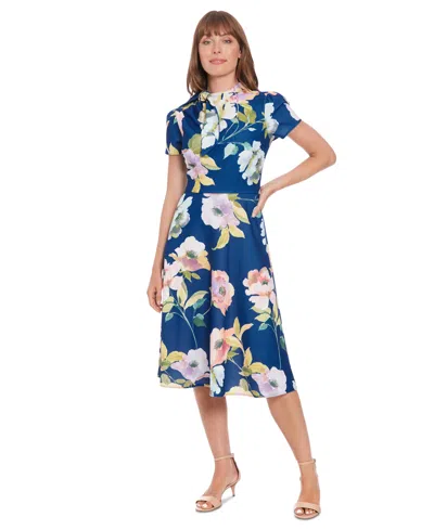 London Times Women's Tie-neck Short-sleeve A-line Dress In Navy,blue