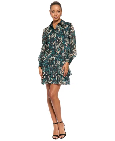 London Times Women's Tiered Chiffon Long-sleeve Ruffle Dress In Black