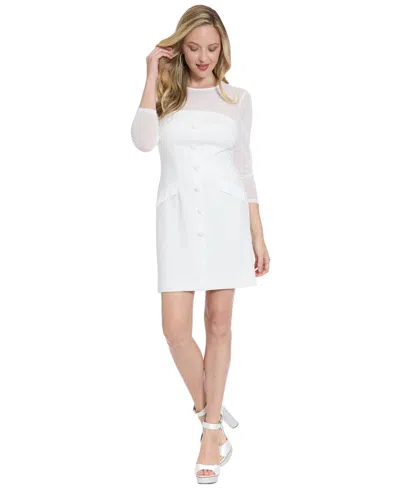 London Times Women's Tuxedo Illusion Crew Neck Short Dress In White