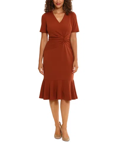 LONDON TIMES WOMEN'S TWISTED FLOUNCE-HEM MIDI DRESS