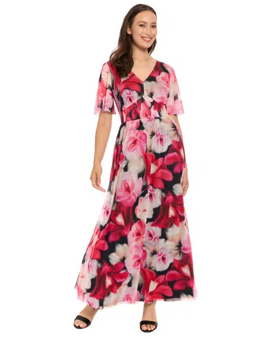 London Times Women's V-neck Smocked Flutter-sleeve Maxi Dress In Multi