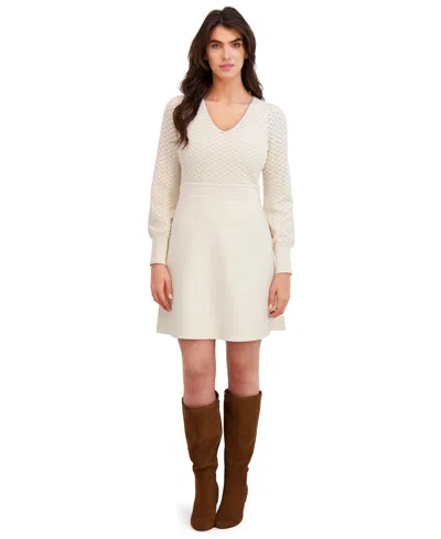 London Times Women's V-neck Sweater Dress In Neutral