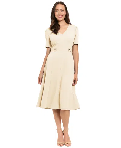 London Times V-neck Side Tab Fit & Flare Midi Dress In Neutral