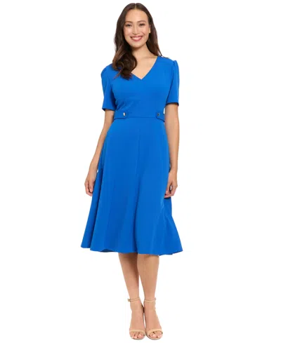 London Times V-neck Side Tab Fit & Flare Midi Dress In Blue