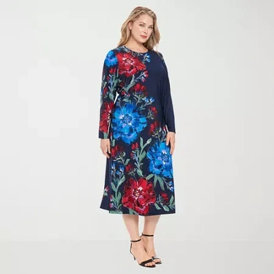 London Times Womens Plus Long Sleeve Midi Floral Shift Dress In Blue
