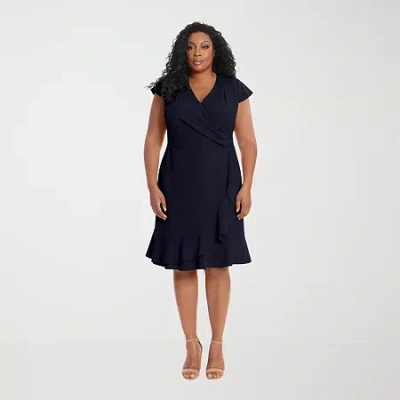 London Times Womens Plus Short Sleeve Wrap Dress In Blue